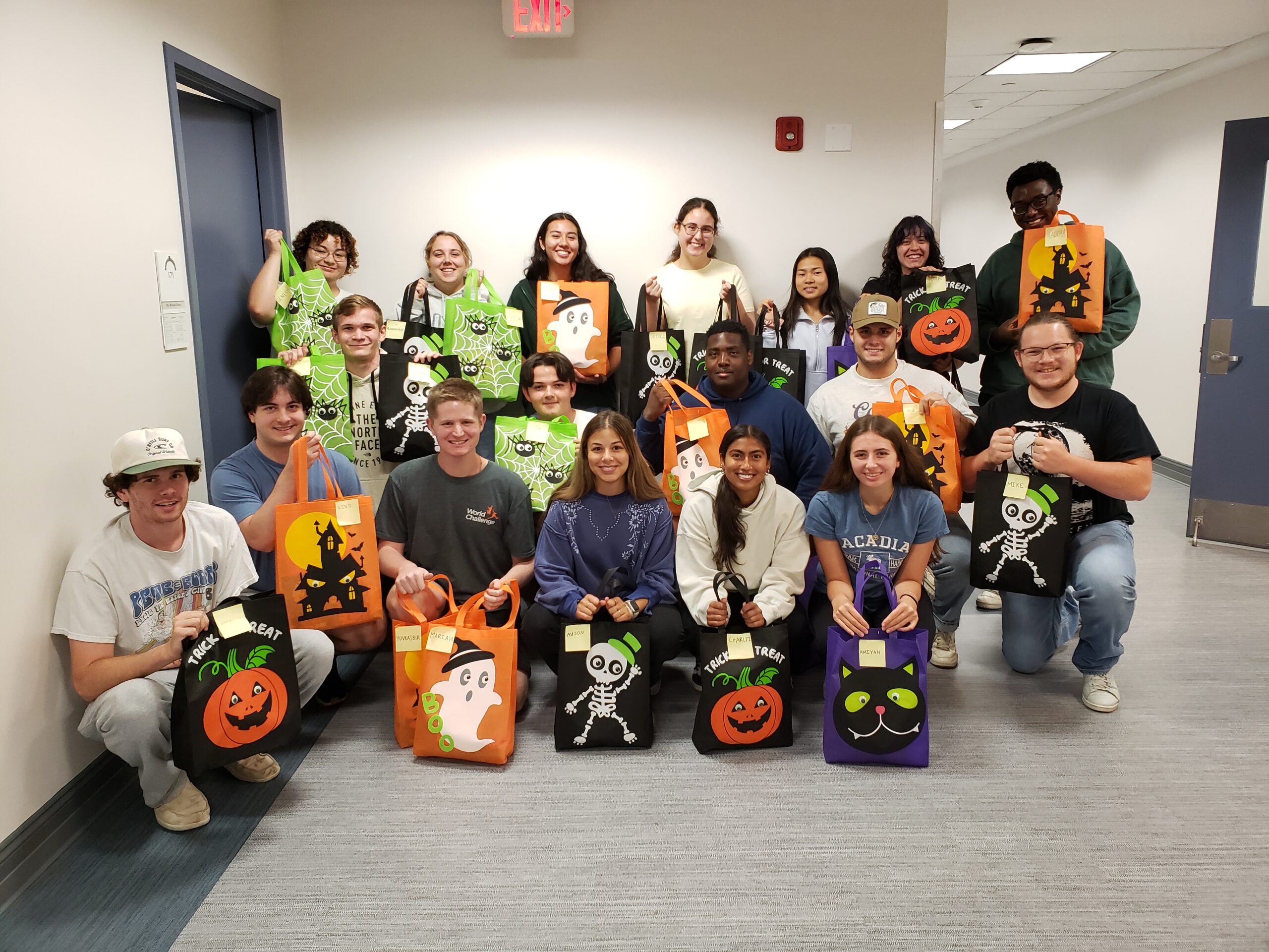 A group of 17 students (standing in the back and crouching in the front) holding Halloween themed bags.