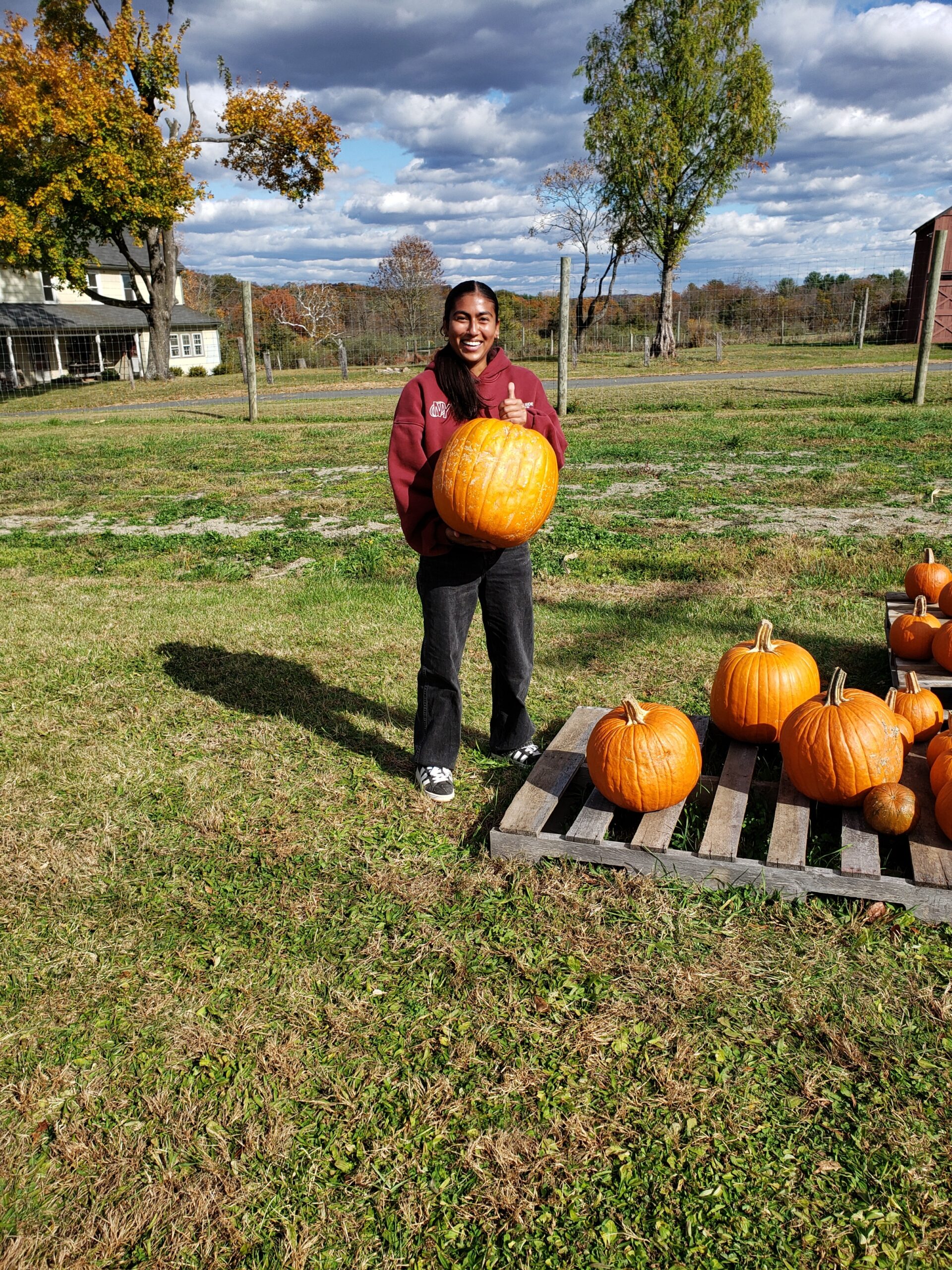 A female student stands holding a large pumpkin.