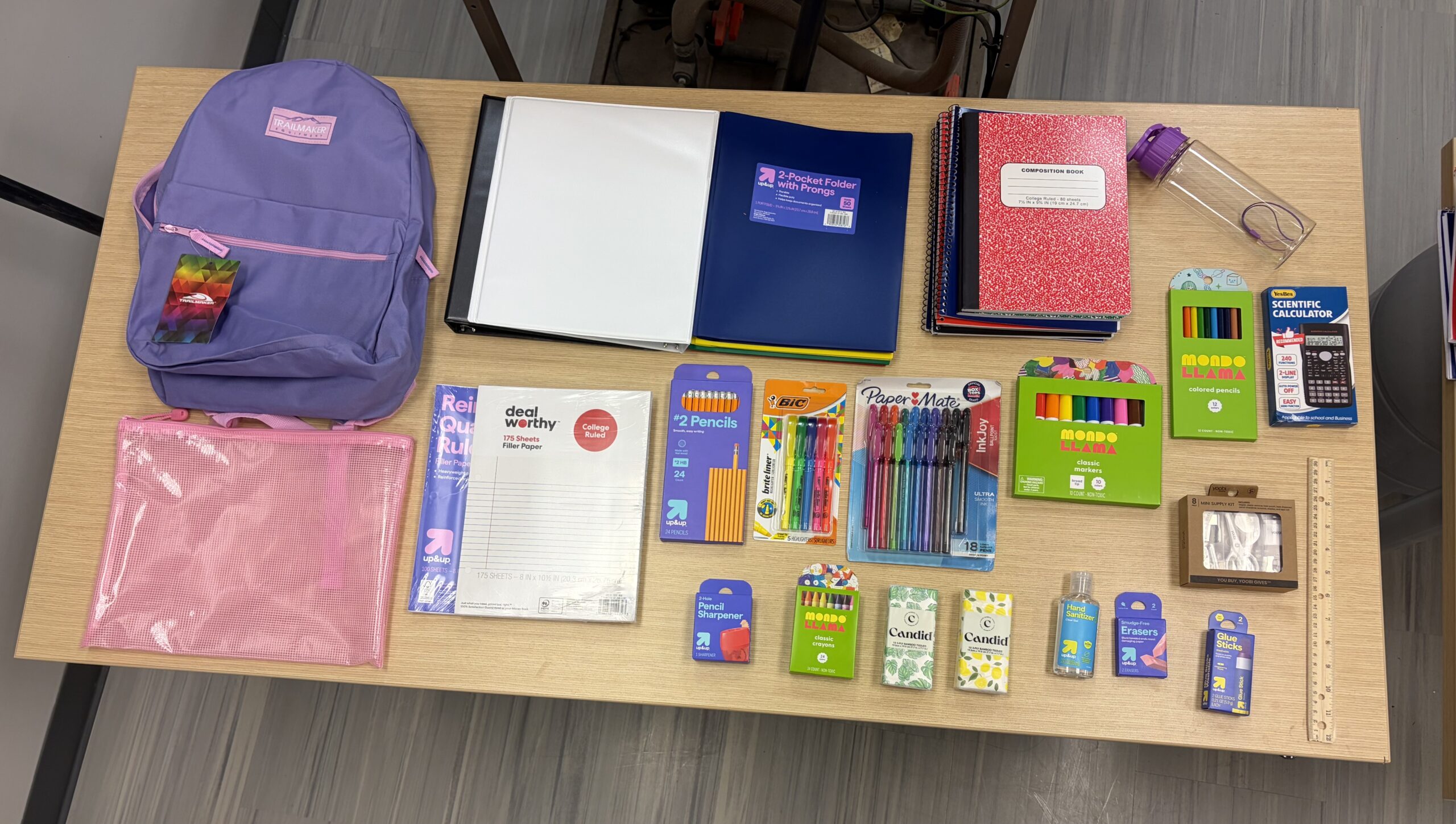 A table display of a backpack with all school supplies