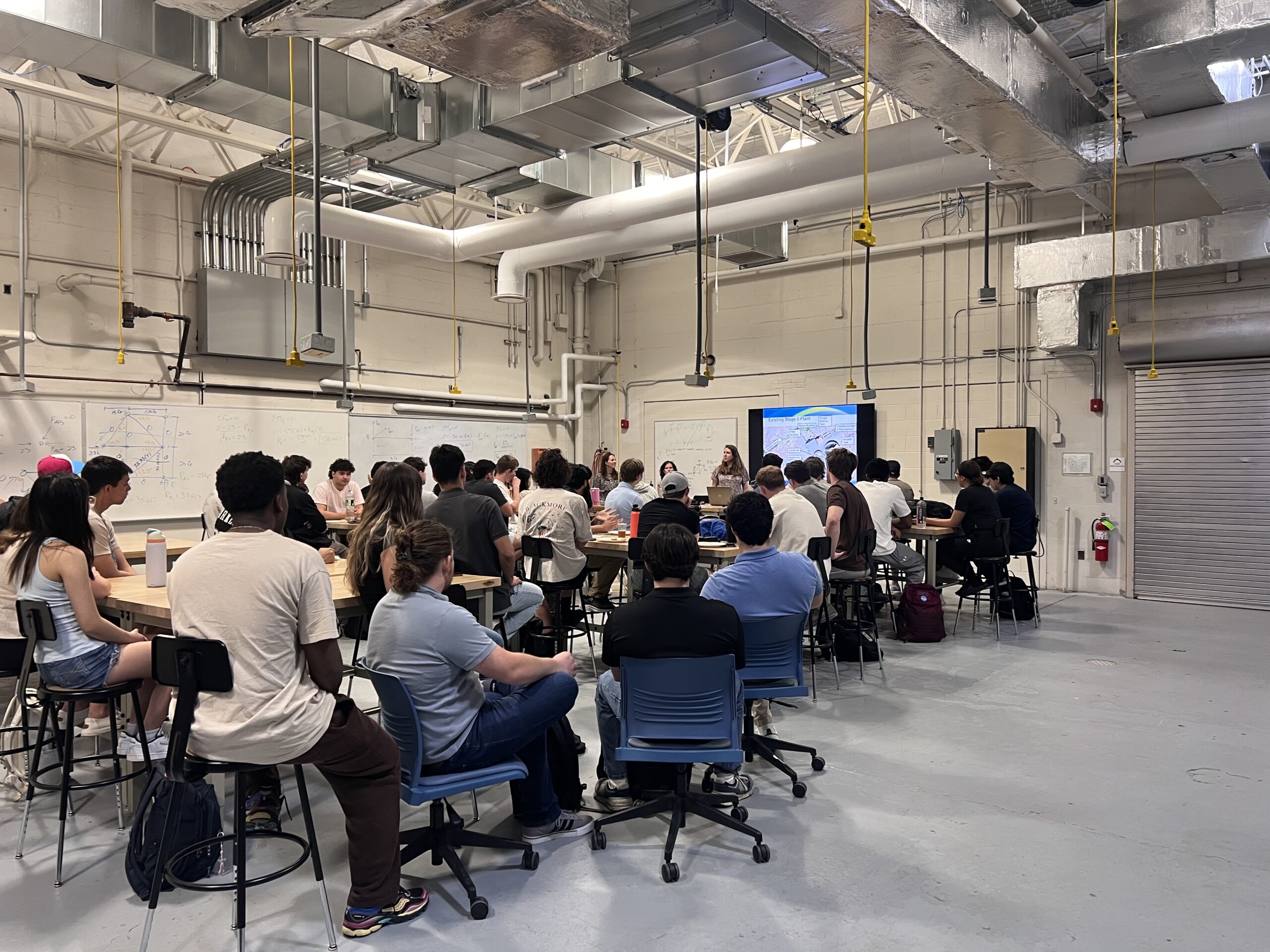 A large group of students attending a presentation (view from behind).