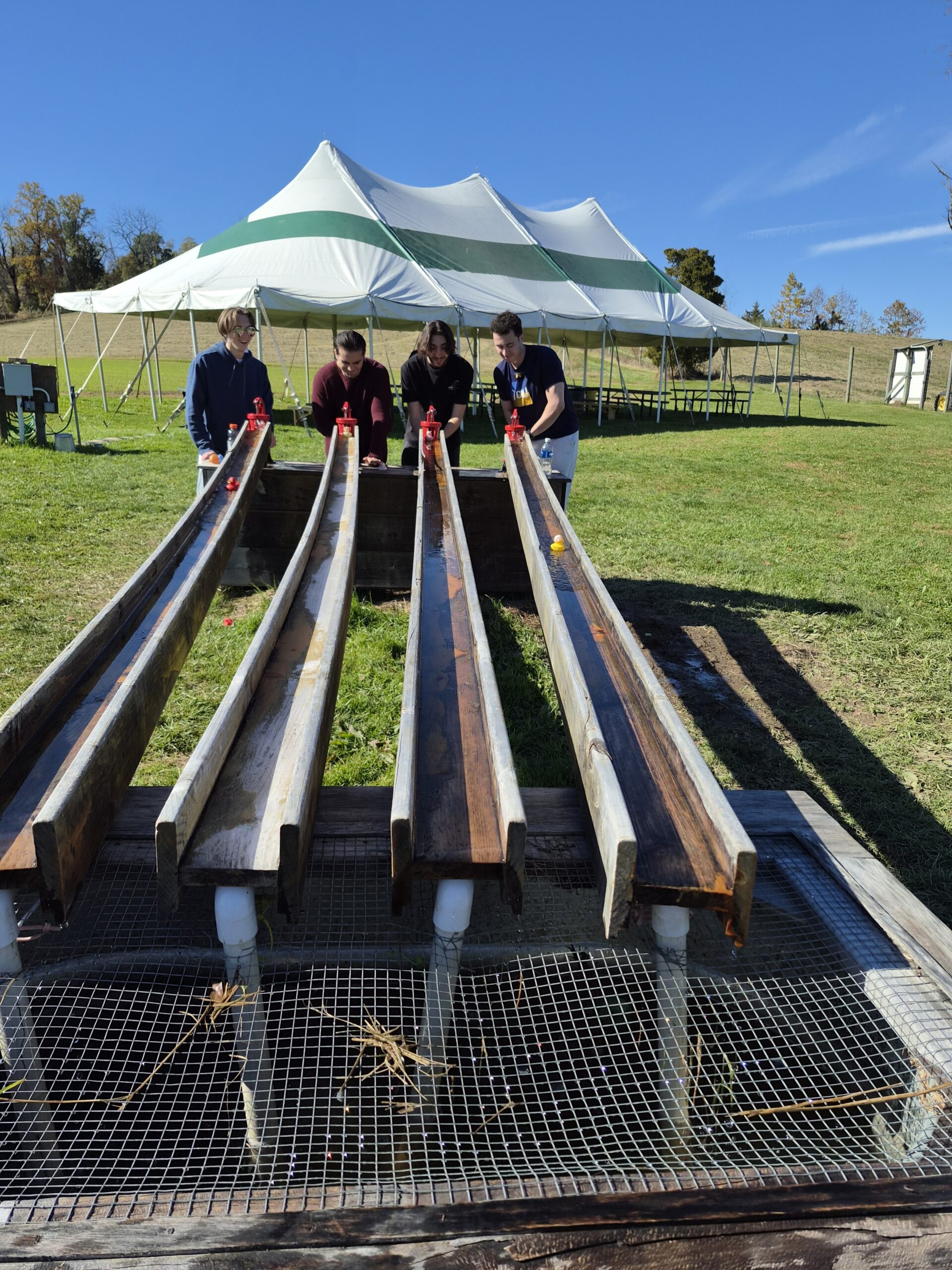 Four male students stand at the far end of four chutes and pump water to propel small rubber ducks down the chute.